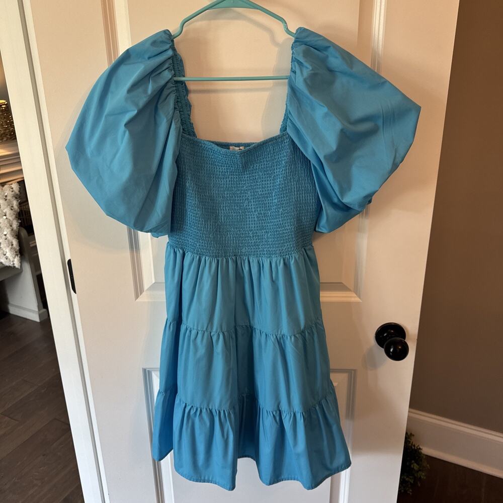 Women’s Entro Bright Blue Mini Puff Sleeve Smocked Tiered Dress Bodice Medium